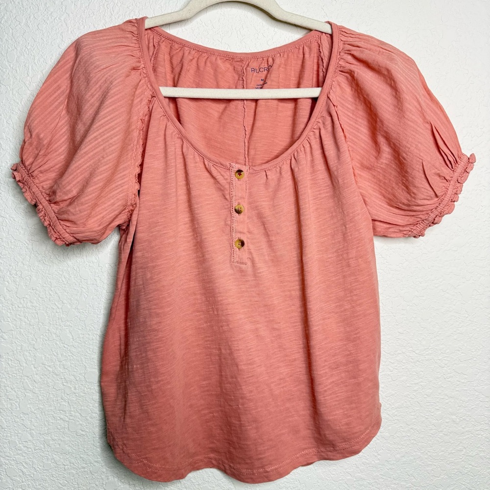 Pilcro Anthropologie Dusty Peach Henley Blouse Sleeve Scoop Neck Top Size M